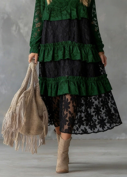 Round Neck Tiered Lace Panel Long Sleeve Shift Maxi Dress