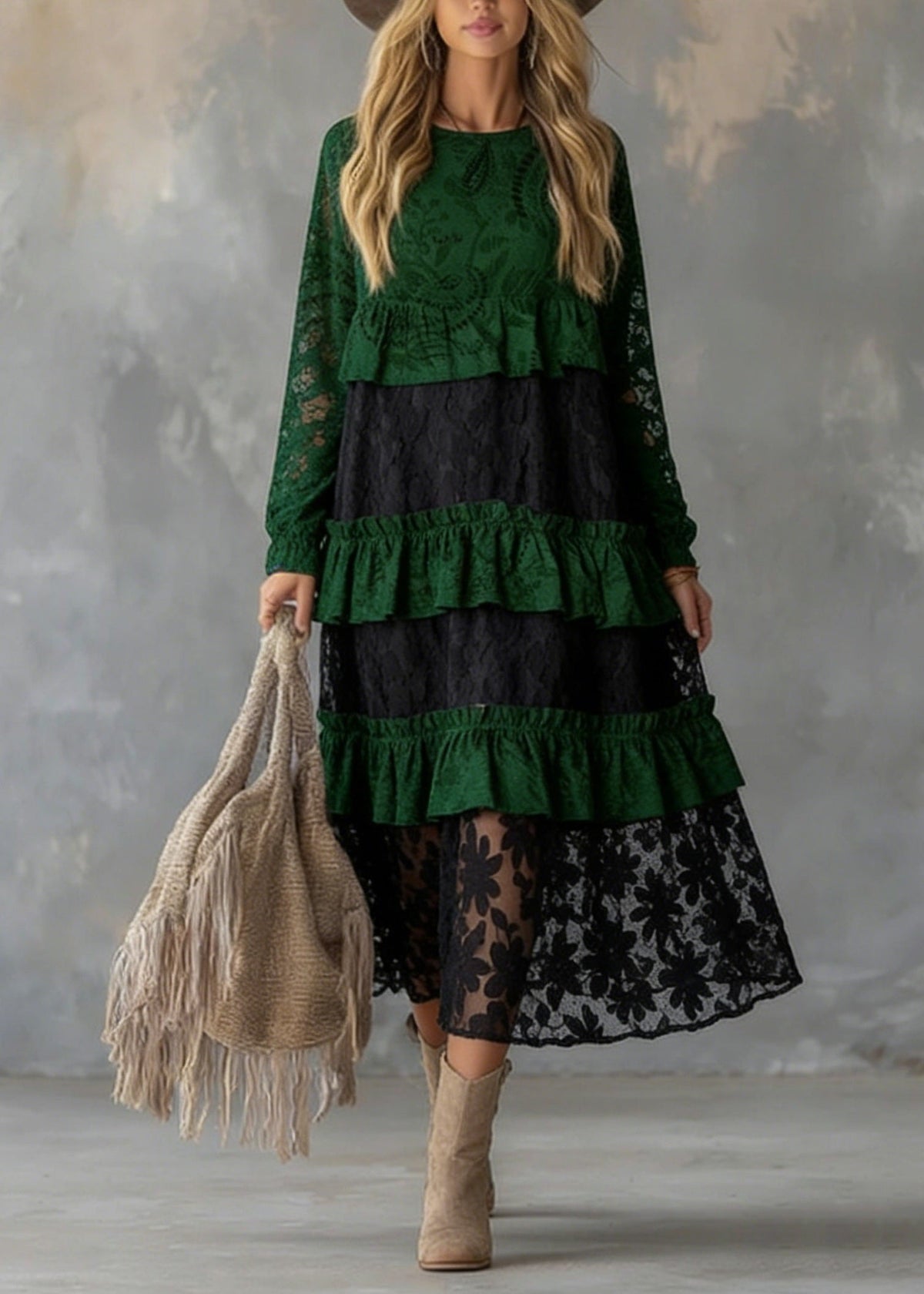 Round Neck Tiered Lace Panel Long Sleeve Shift Maxi Dress