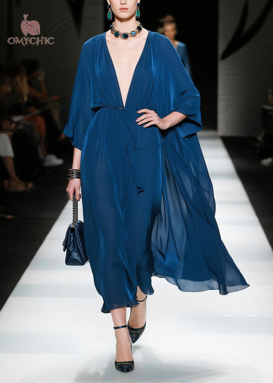 Deep V Neck Cape Sleeve Pleated Chiffon Tie Waist Maxi Dress