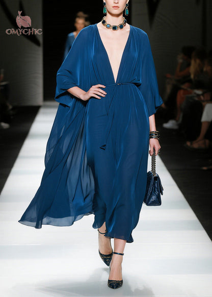 Deep V Neck Cape Sleeve Pleated Chiffon Tie Waist Maxi Dress