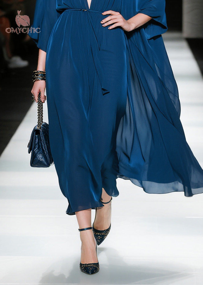 Deep V Neck Cape Sleeve Pleated Chiffon Tie Waist Maxi Dress
