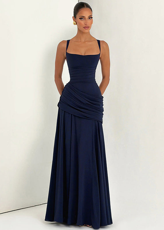 Square Neck Ruched Draped Hip Wrap Column Maxi Gown