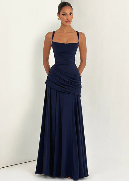 Square Neck Ruched Draped Hip Wrap Column Maxi Gown