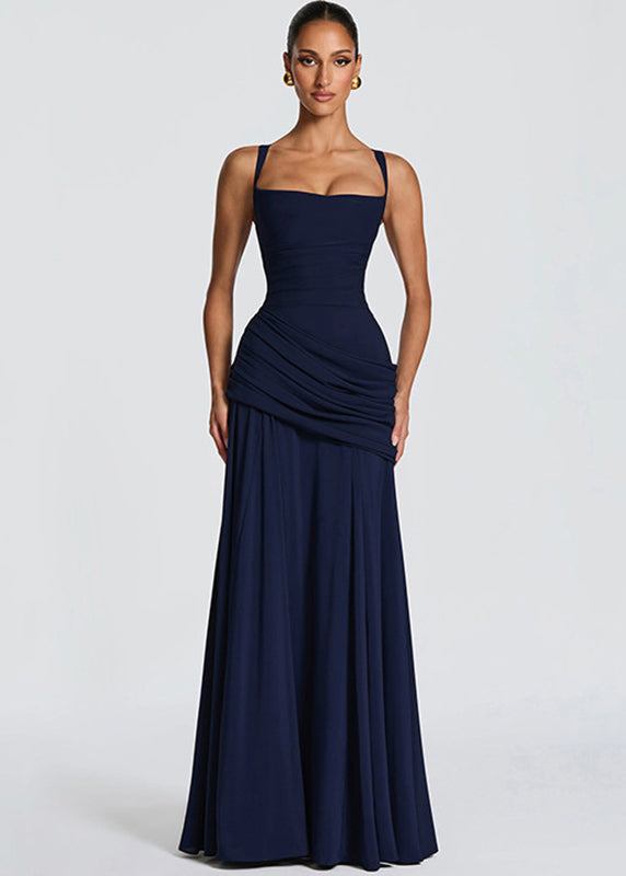 Square Neck Ruched Draped Hip Wrap Column Maxi Gown