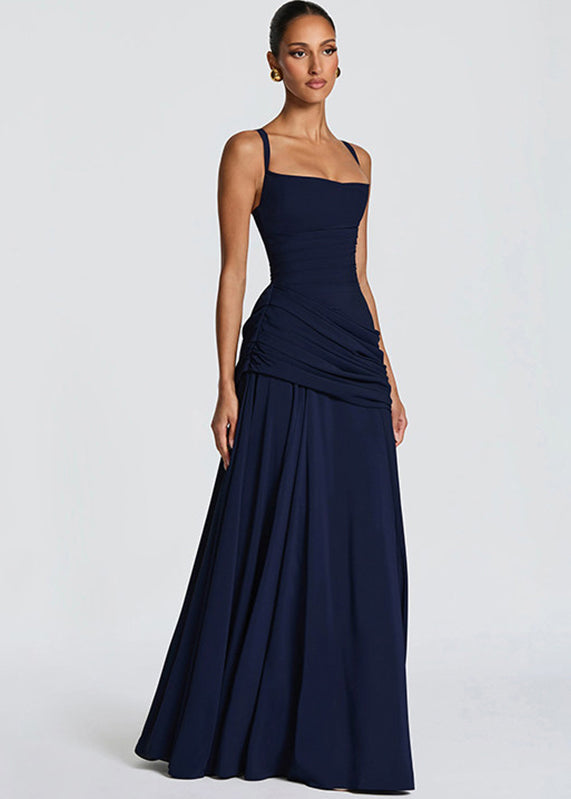 Square Neck Ruched Draped Hip Wrap Column Maxi Gown