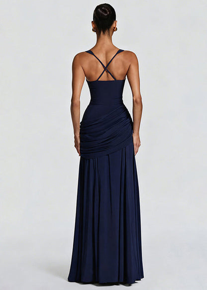 Square Neck Ruched Draped Hip Wrap Column Maxi Gown