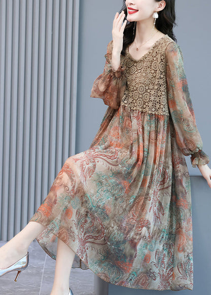 Crochet Lace Yoke Paisley Print Lantern Sleeve Midi Dress