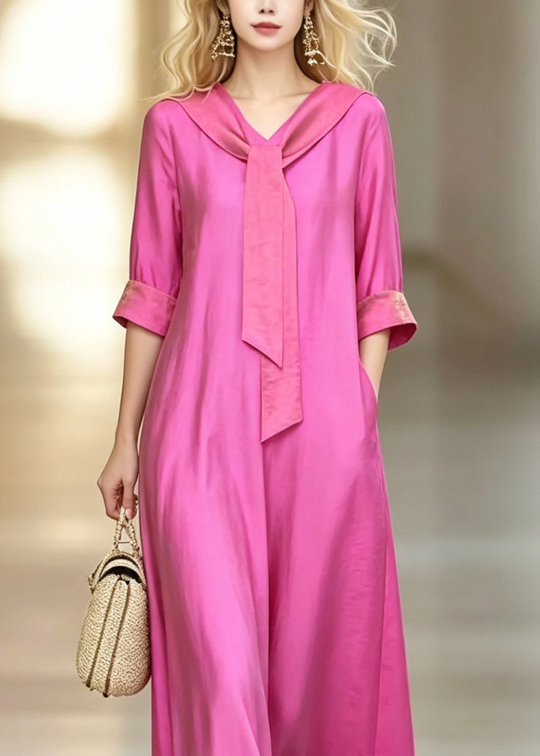 Sailor Collar Necktie Long Sleeve Pocket A-Line Maxi Dress