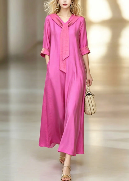 Sailor Collar Necktie Long Sleeve Pocket A-Line Maxi Dress