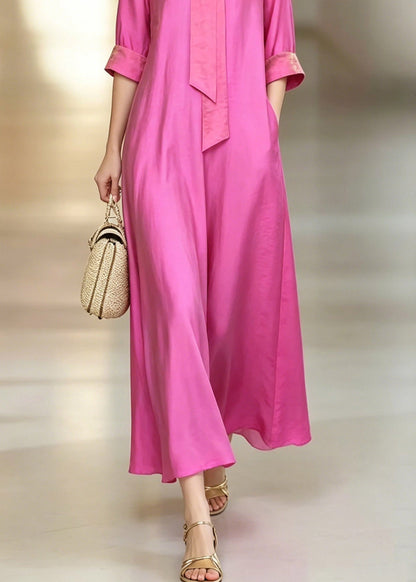 Sailor Collar Necktie Long Sleeve Pocket A-Line Maxi Dress