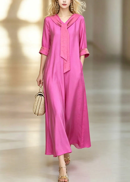 Sailor Collar Necktie Long Sleeve Pocket A-Line Maxi Dress