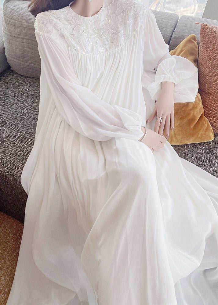 Embroidered Yoke Lantern Sleeve Pleated Chiffon Maxi Dress