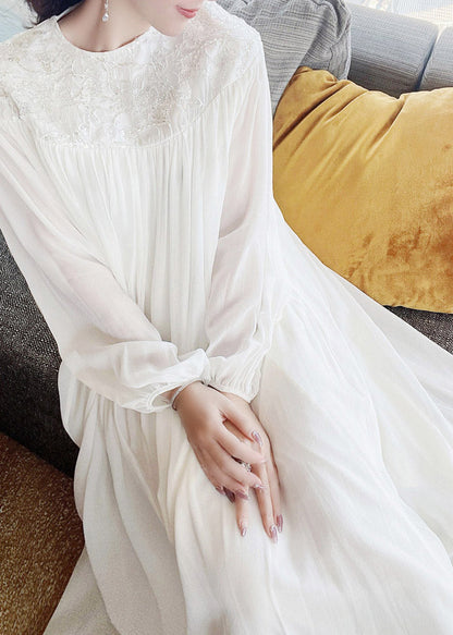 Embroidered Yoke Lantern Sleeve Pleated Chiffon Maxi Dress
