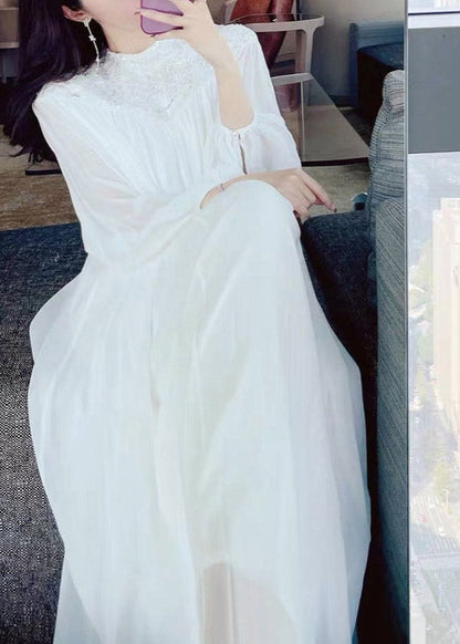 Embroidered Yoke Lantern Sleeve Pleated Chiffon Maxi Dress