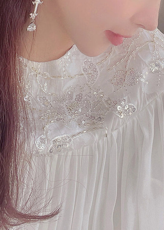 Embroidered Yoke Lantern Sleeve Pleated Chiffon Maxi Dress