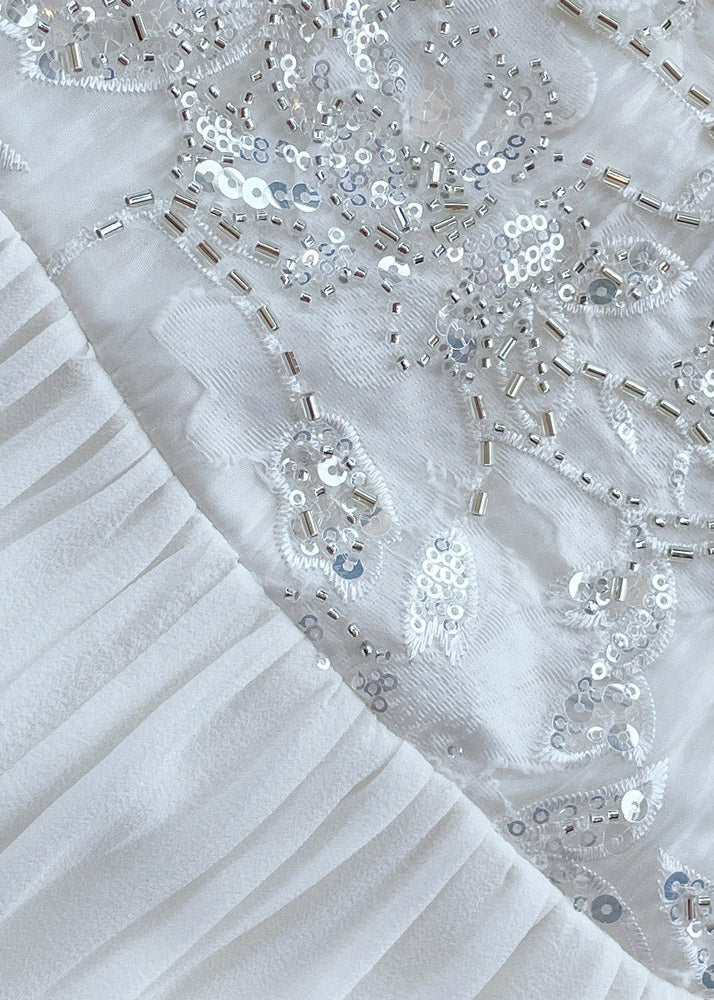 Embroidered Yoke Lantern Sleeve Pleated Chiffon Maxi Dress