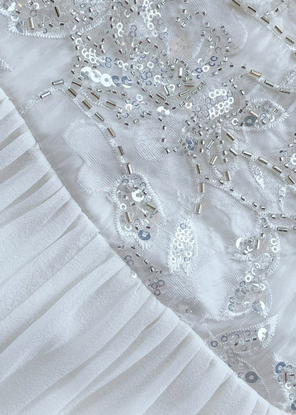 Embroidered Yoke Lantern Sleeve Pleated Chiffon Maxi Dress