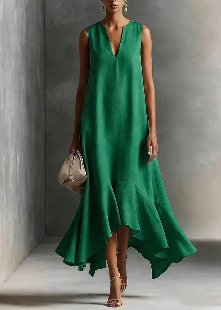 Deep V Neck Sleeveless High Low Ruffle Hem Cotton Maxi Dress