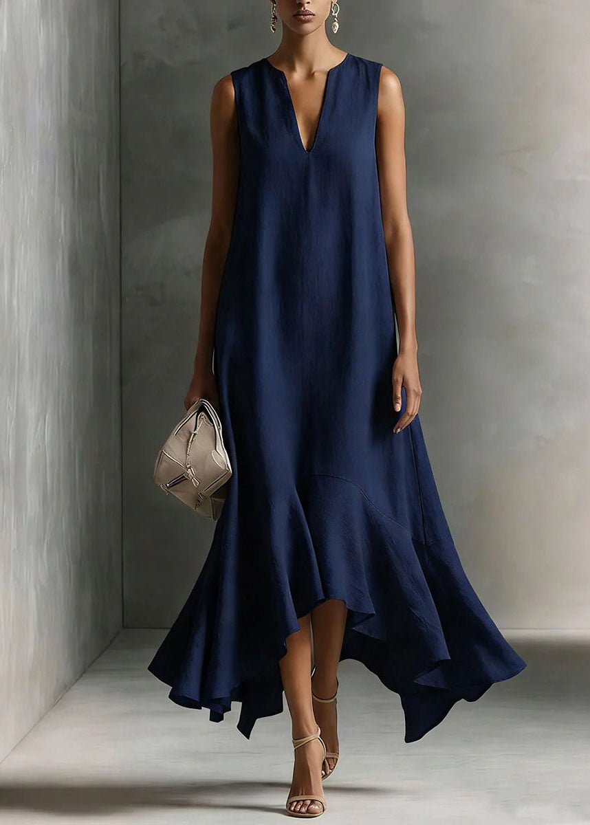 Deep V Neck Sleeveless High Low Ruffle Hem Cotton Maxi Dress