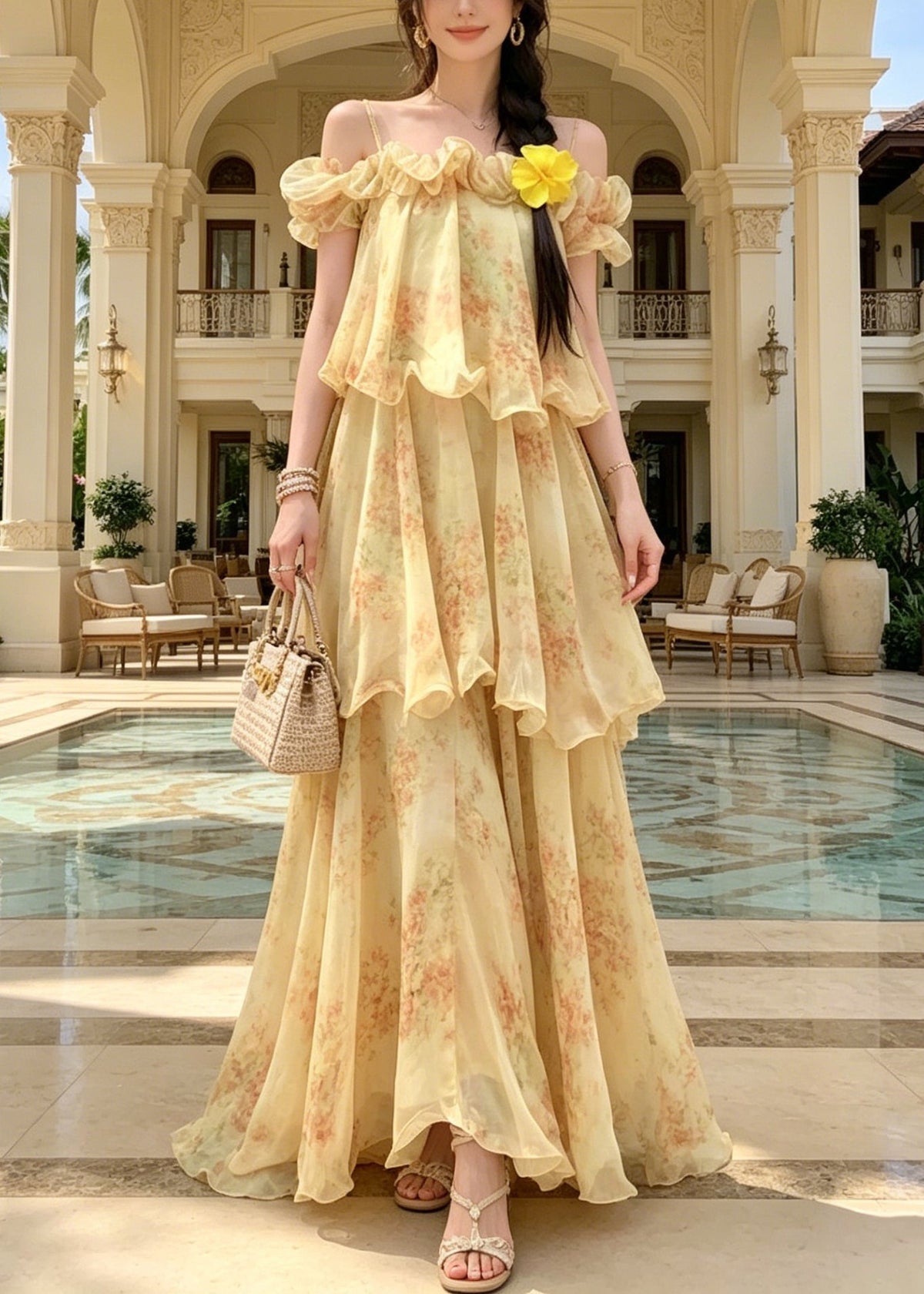 Off Shoulder Flower Applique Tiered Ruffle Floral Chiffon Maxi Dress