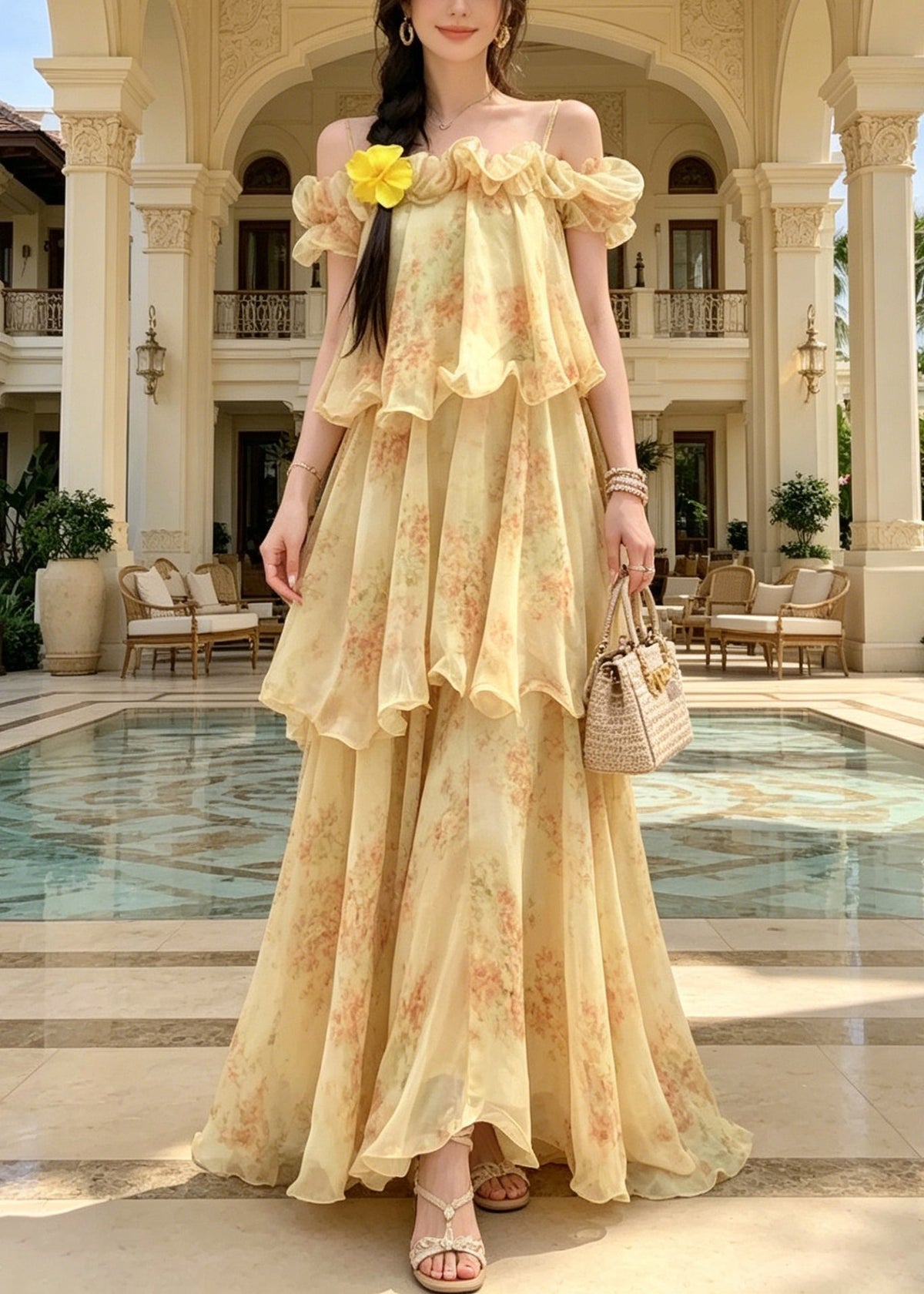 Off Shoulder Flower Applique Tiered Ruffle Floral Chiffon Maxi Dress
