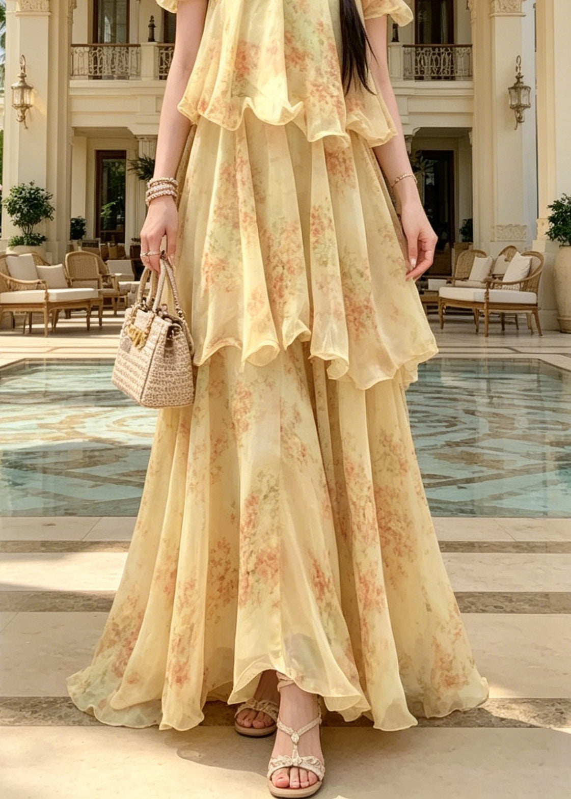 Off Shoulder Flower Applique Tiered Ruffle Floral Chiffon Maxi Dress