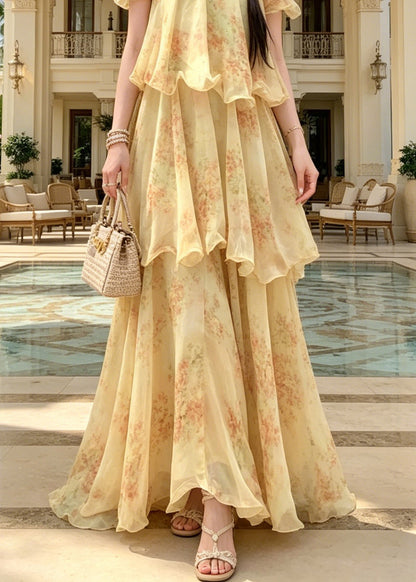 Off Shoulder Flower Applique Tiered Ruffle Floral Chiffon Maxi Dress