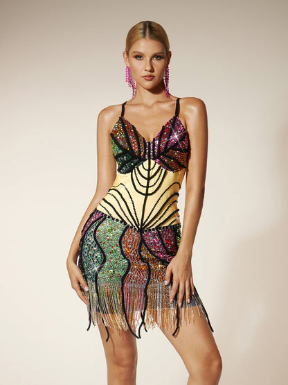 Spaghetti Strap Sweetheart Butterfly Motif Rhinestone Fringe Mini Dress