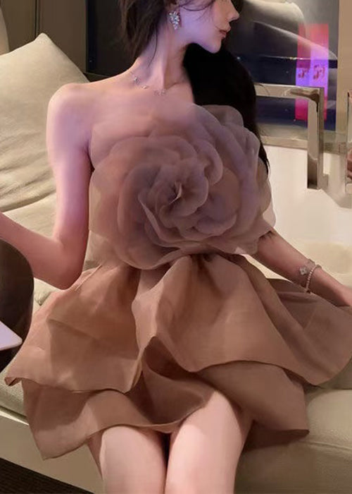 Strapless 3D Rosette Bodice Tiered Ruffle Organza Mini Dress
