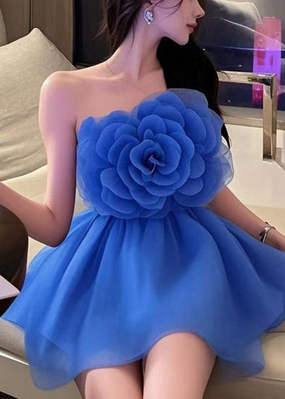 Strapless 3D Rosette Bodice Tiered Ruffle Organza Mini Dress