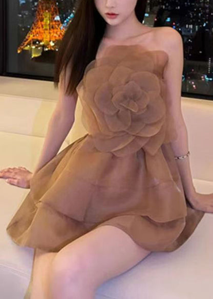 Strapless 3D Rosette Bodice Tiered Ruffle Organza Mini Dress