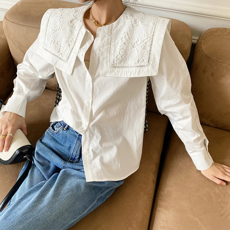 Floral Embroidery Neck Long Sleeve Cotton Boho Blouse