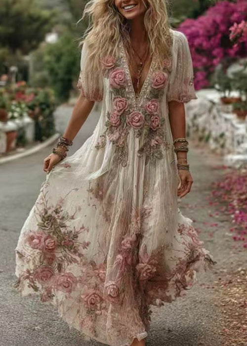 Deep V-Neck Flutter Sleeve 3D Rosette Embroidered Tiered Maxi Dress