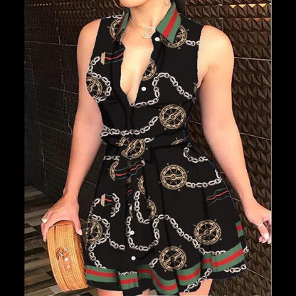 Chain Logo Print Collared Deep V-Neck Tie Waist Shirt Mini Dress