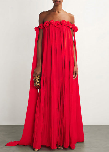 Off Shoulder 3D Rosette Pleated Floor Sweeping Train Maxi Gown