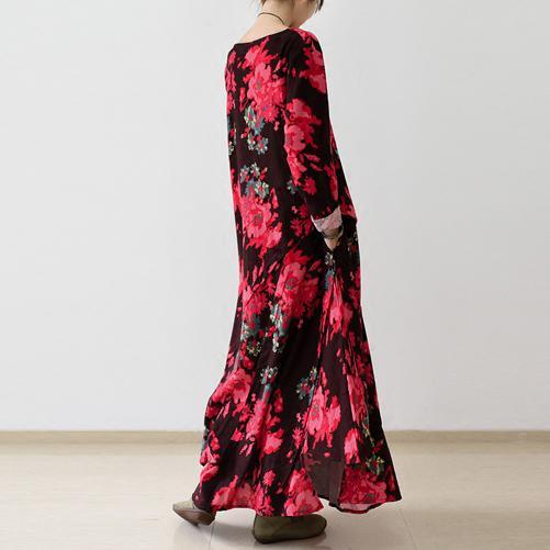 Round Neck Pocket Front Oversized Floral Print Linen Maxi Dress