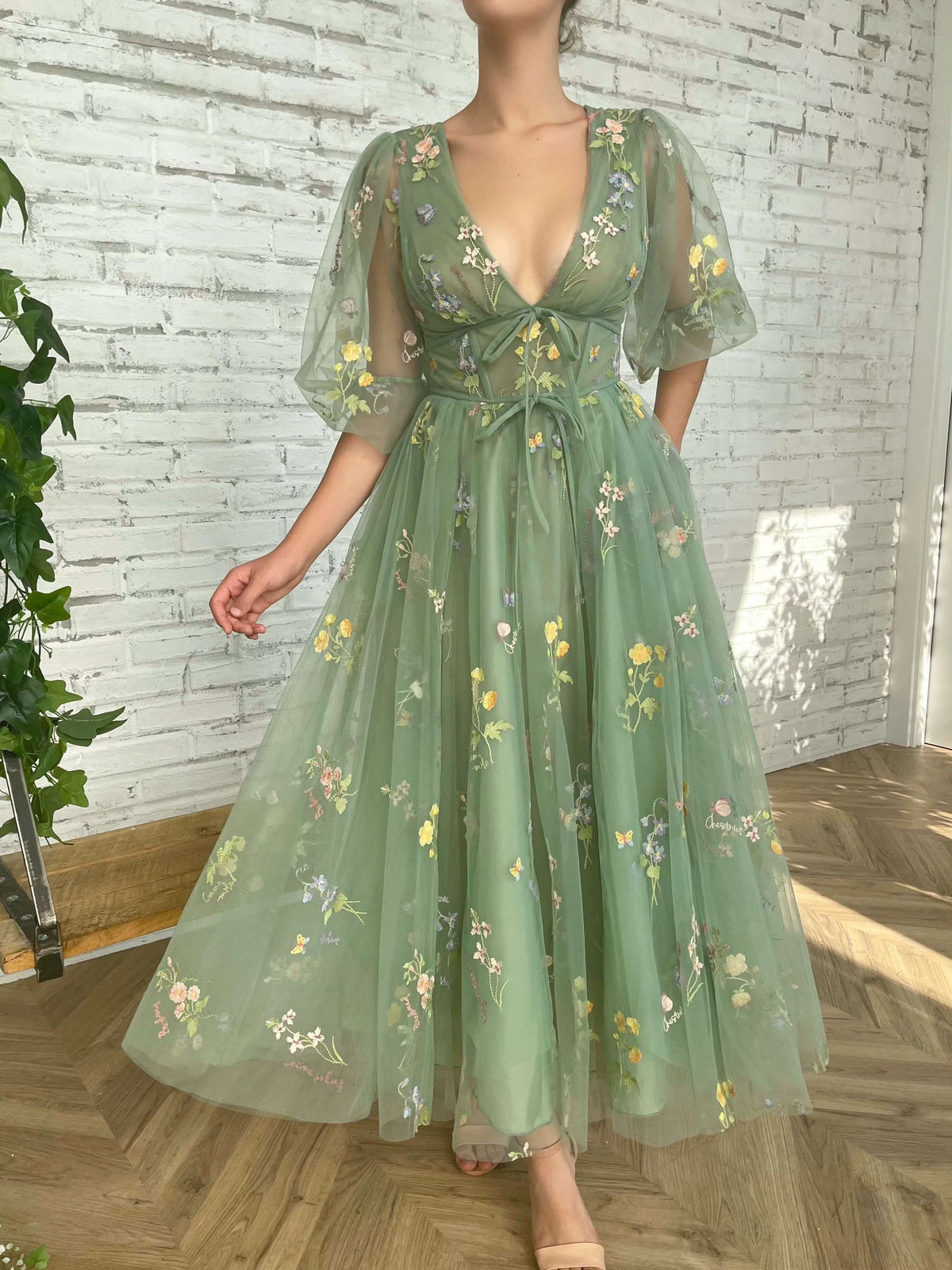 Deep V-Neck Sheer Puff Sleeve Floral Embroidered Layered Maxi Dress