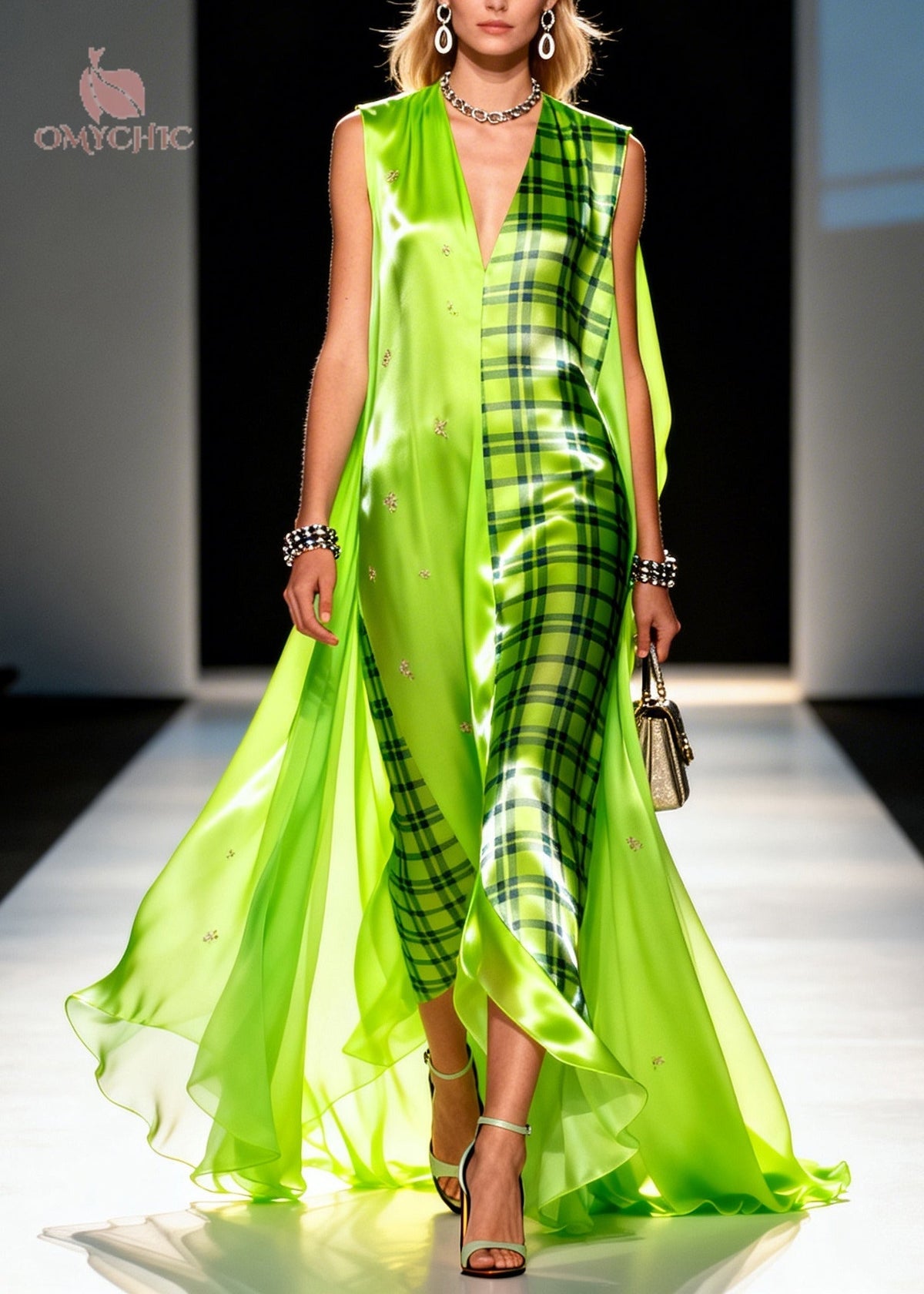 Deep V-Neck Plaid Panel Cape Train Asymmetrical Hem Maxi Gown