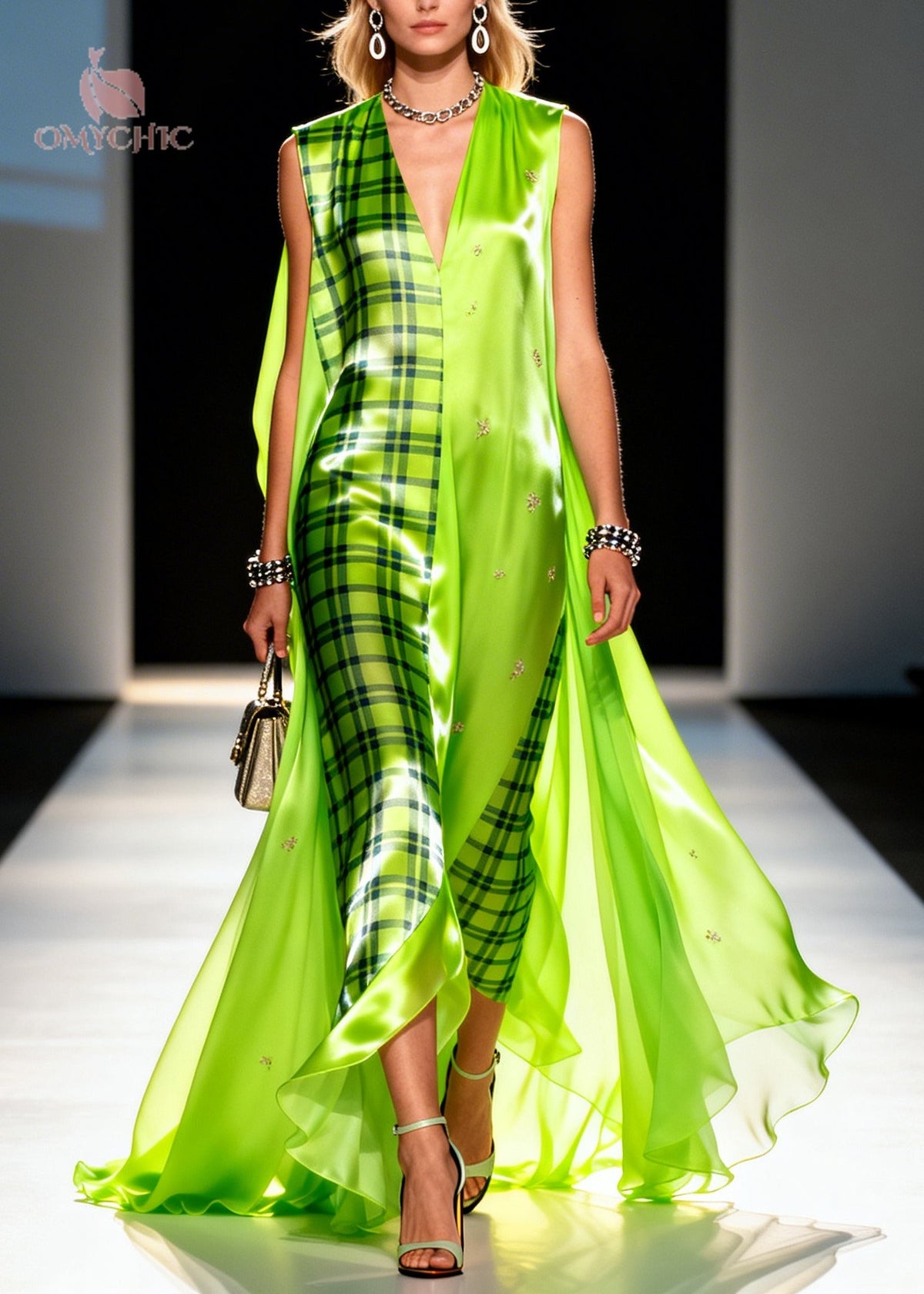 Deep V-Neck Plaid Panel Cape Train Asymmetrical Hem Maxi Gown