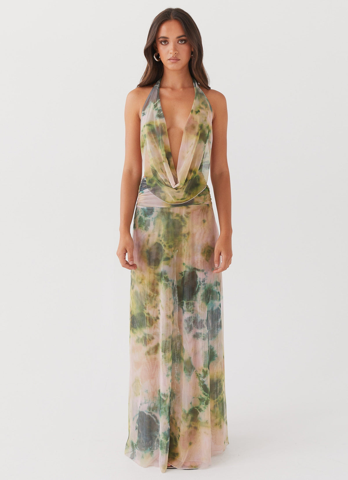 Abstract Print Halter Cowl Neck Ruched Maxi Dress