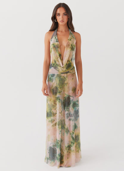 Abstract Print Halter Cowl Neck Ruched Maxi Dress
