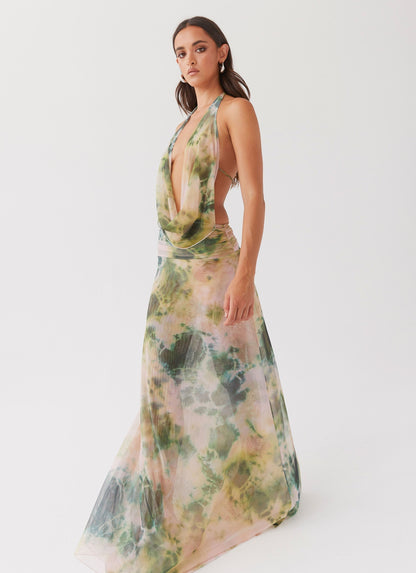 Abstract Print Halter Cowl Neck Ruched Maxi Dress