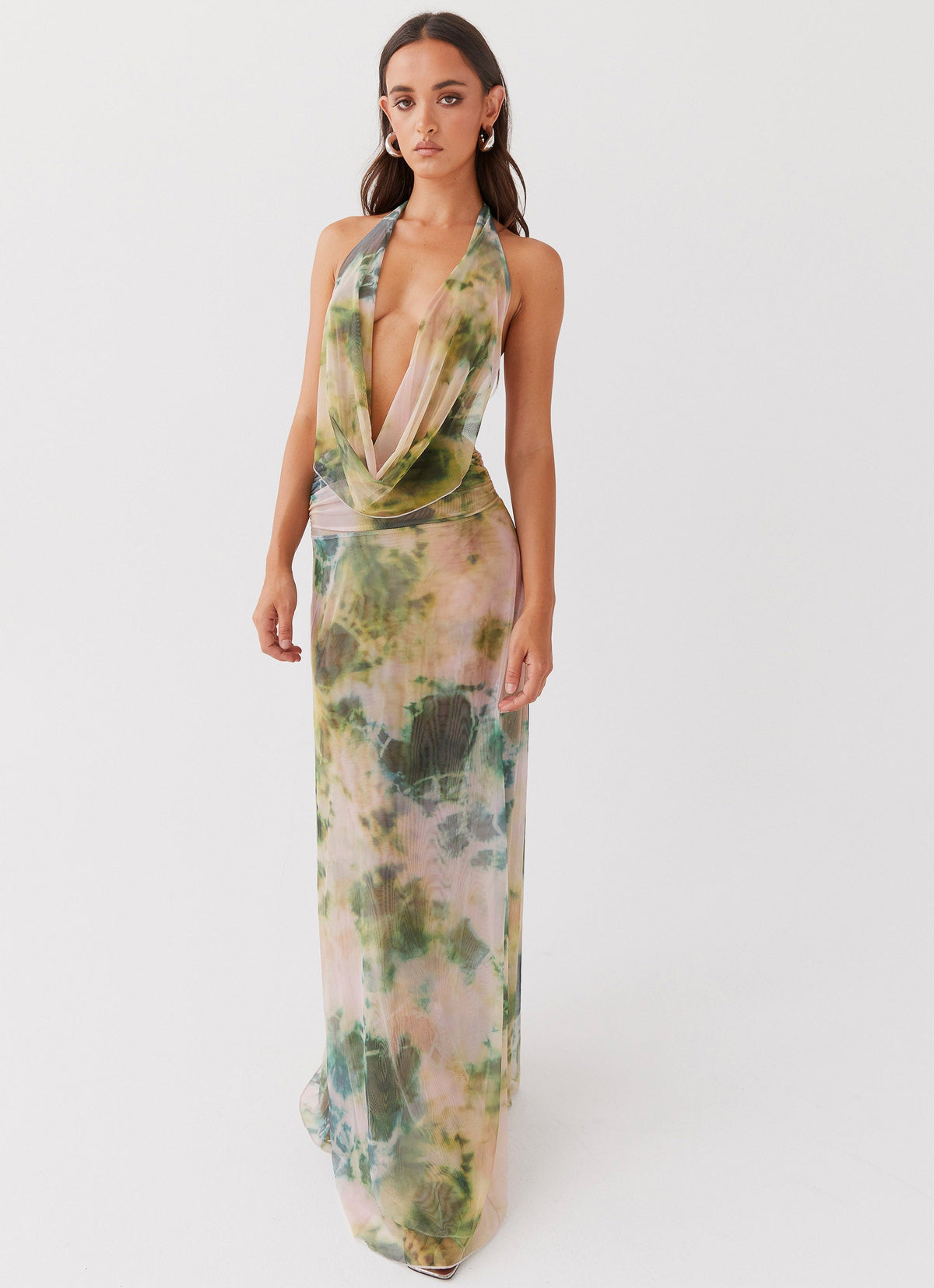 Abstract Print Halter Cowl Neck Ruched Maxi Dress
