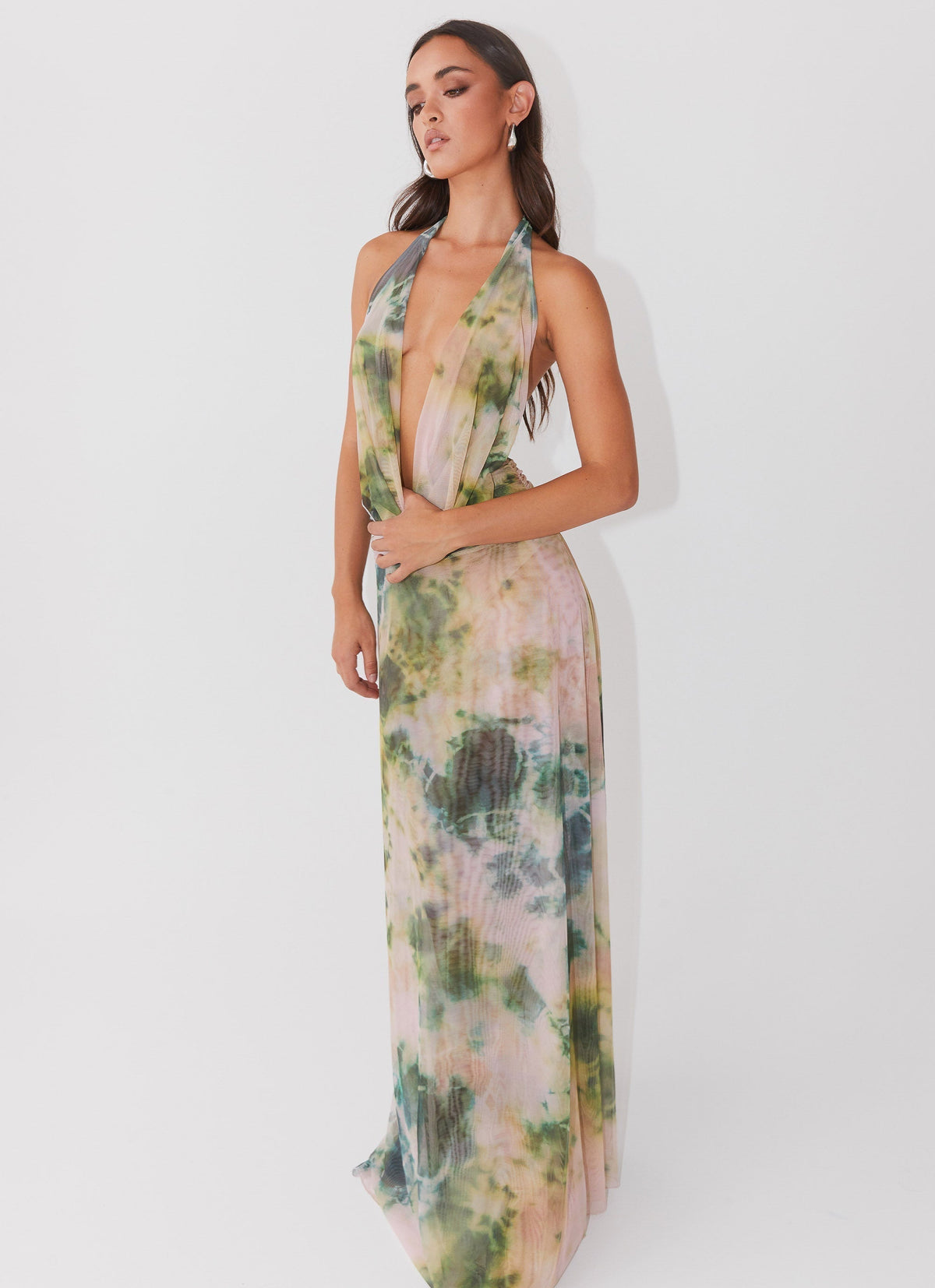 Abstract Print Halter Cowl Neck Ruched Maxi Dress