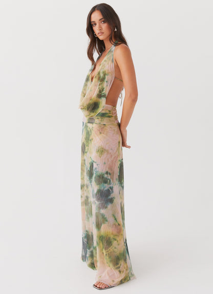 Abstract Print Halter Cowl Neck Ruched Maxi Dress