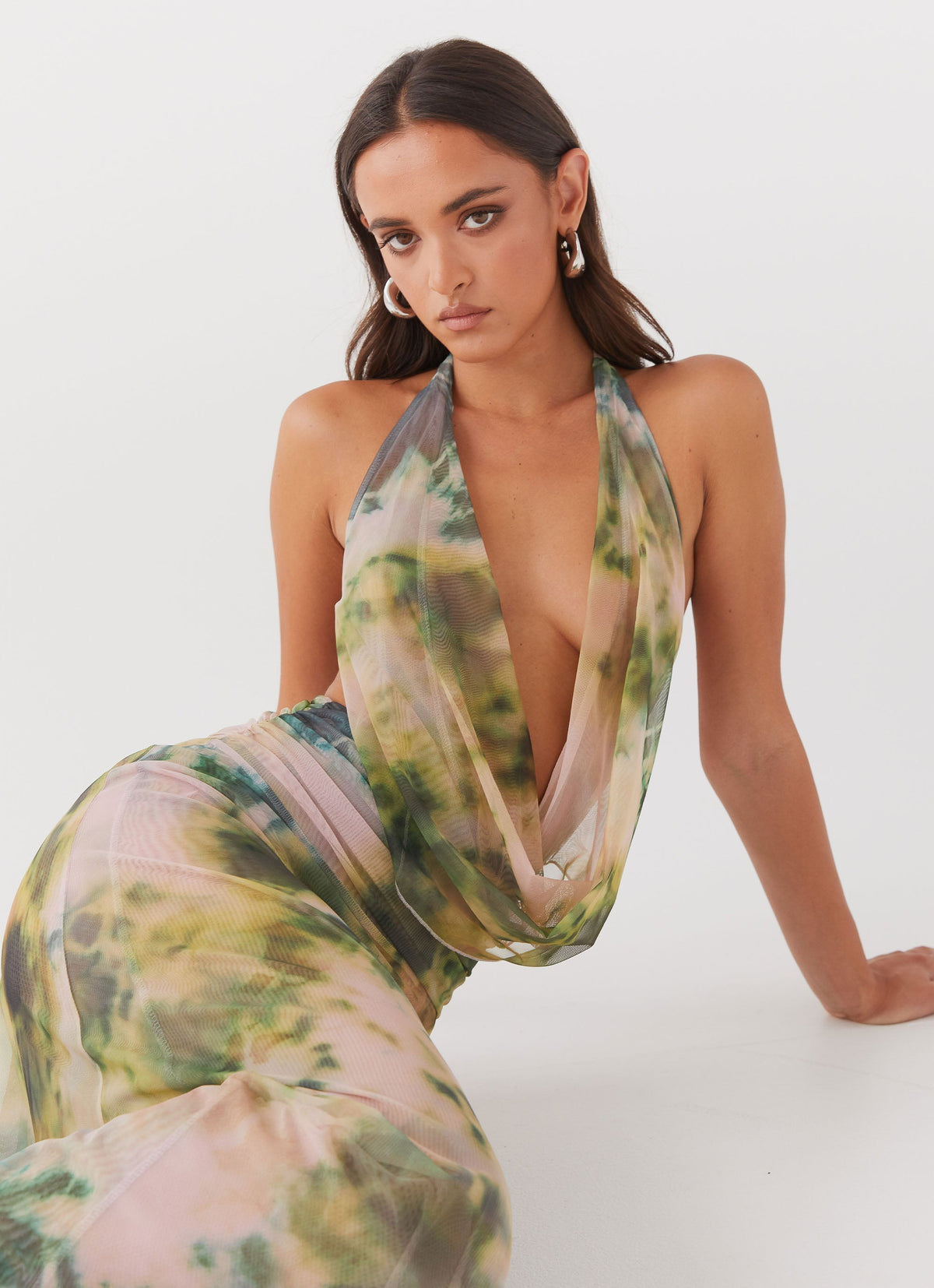 Abstract Print Halter Cowl Neck Ruched Maxi Dress