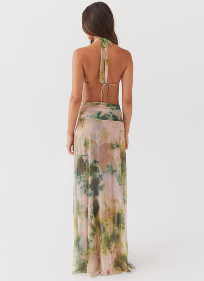 Abstract Print Halter Cowl Neck Ruched Maxi Dress