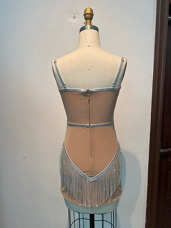 Spaghetti Strap Sheer Corset Rhinestone Chain Sequin Fringe Mini Dress