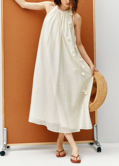 High Halter Neck Ruffle Trim Tie-Waist 3D Floral Applique Linen Midi Dress