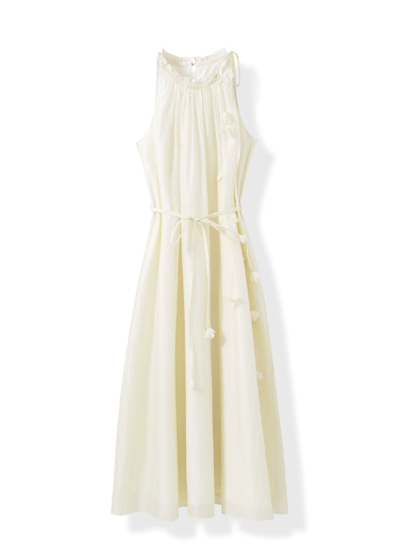 High Halter Neck Ruffle Trim Tie-Waist 3D Floral Applique Linen Midi Dress